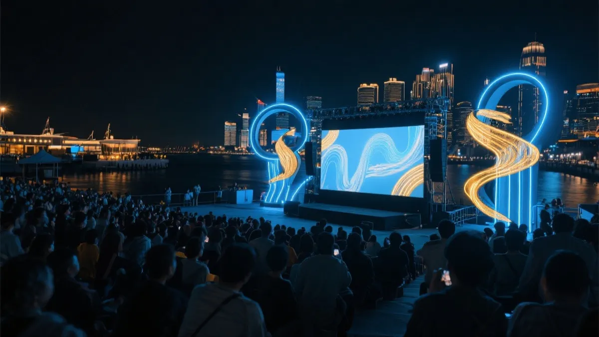 温哥华海港夜景与城市观赛区人群、多元文化灯光艺术装置