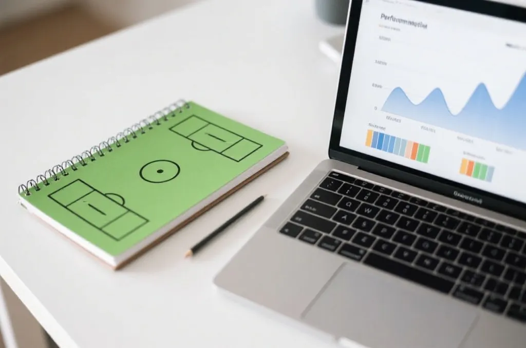 A close-up of a soccer tactics notebook next to a laptop displaying performance graphs on a clean desk
